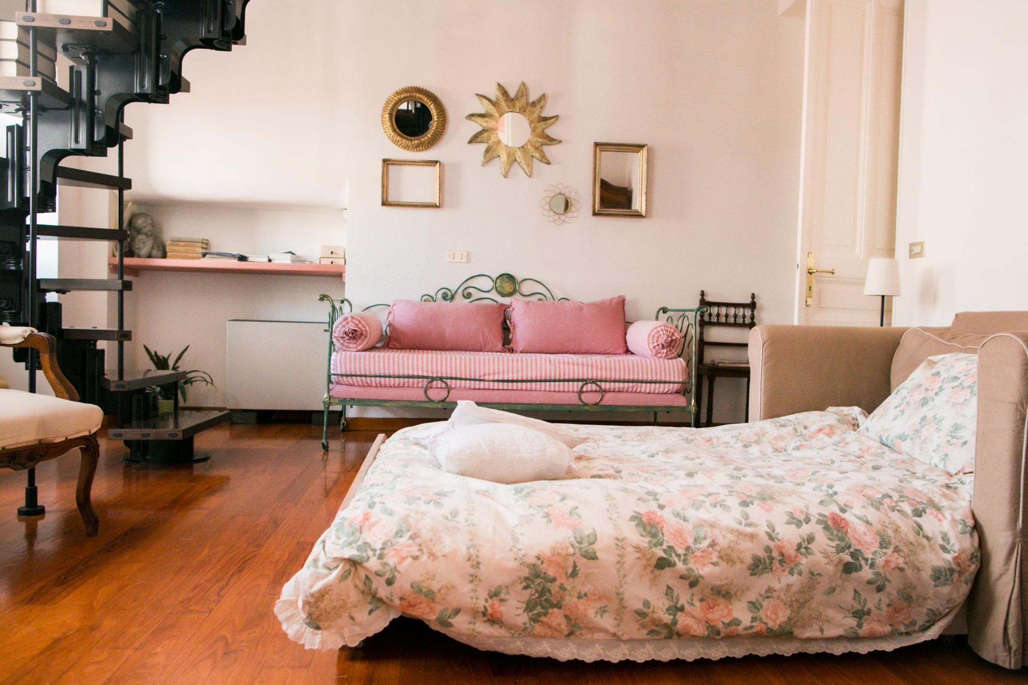 living room with open sofa bed