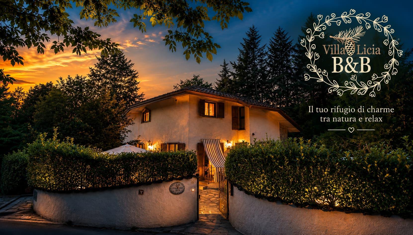 B&B Villa Licia al tramonto sull’Altopiano delle Pizzorne, immerso nel verde.