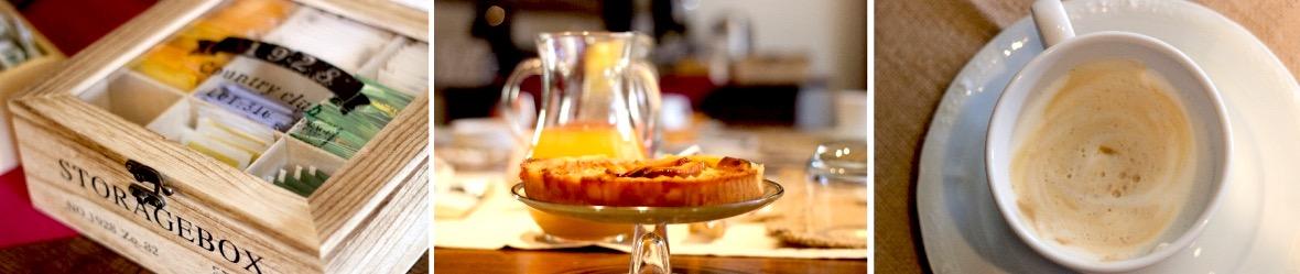 Breakfast with tea, cappuccino, cake, and fruit juice