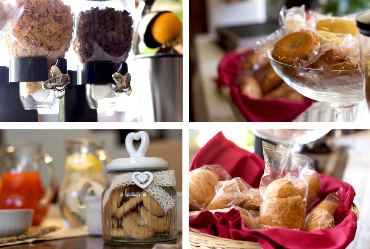 Sweet breakfast with cereals, snacks, cookies, and pastries.