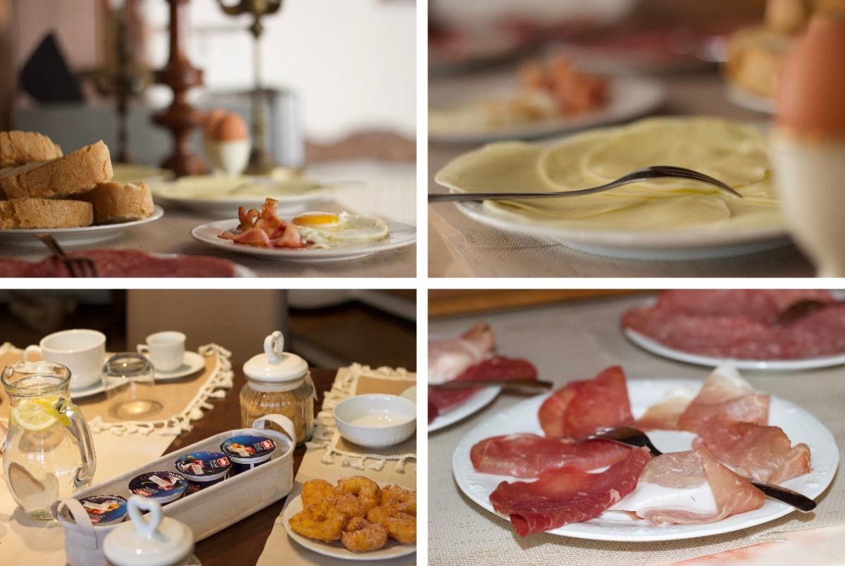 Savory breakfast with bacon, eggs, bread, cheese, cold cuts, and cheese