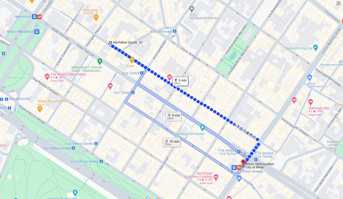 Percorso dalla fermata della metropolitana Porta Venezia