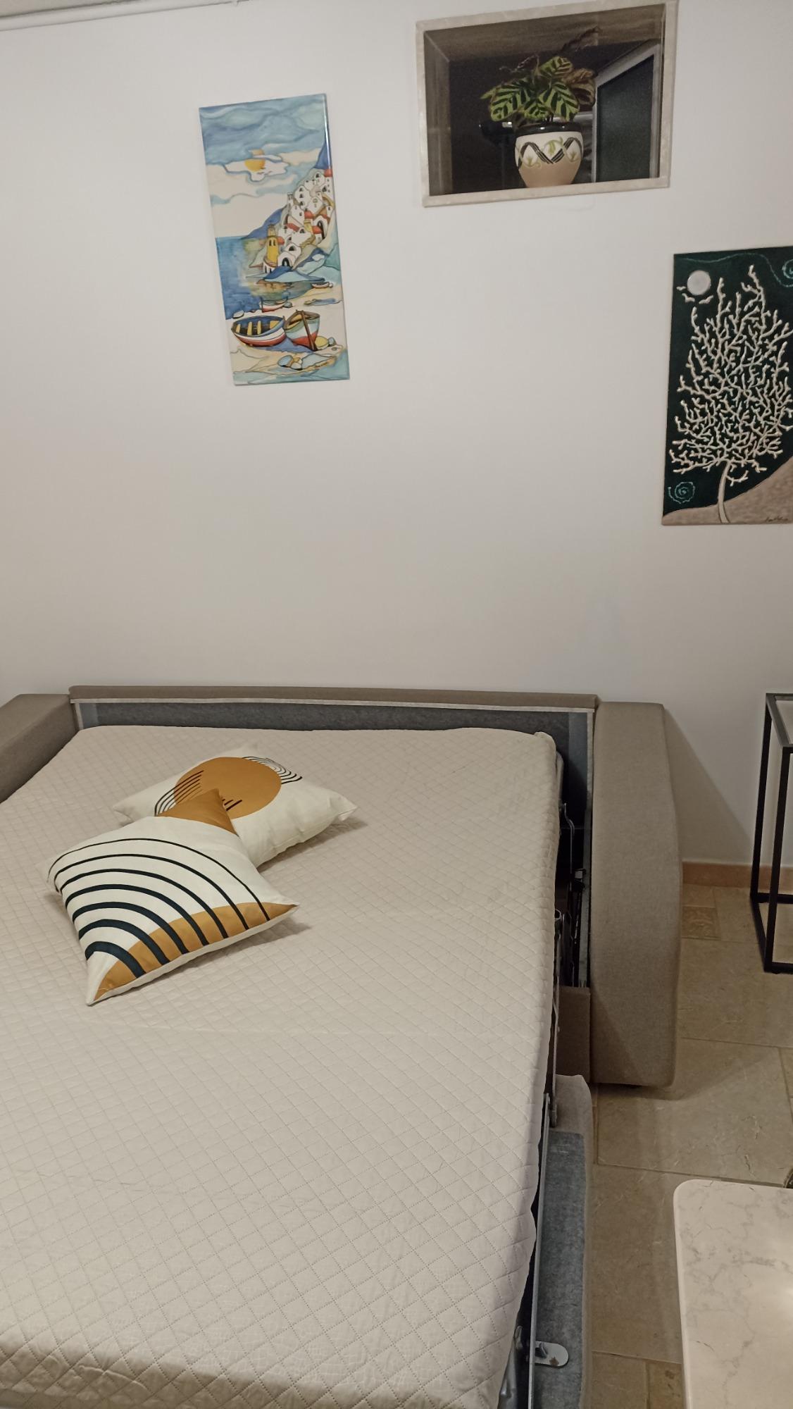 Zona divano letto, comodo per coppie o bambini, per poter condividere la casa con figli o due coppie di amici.
