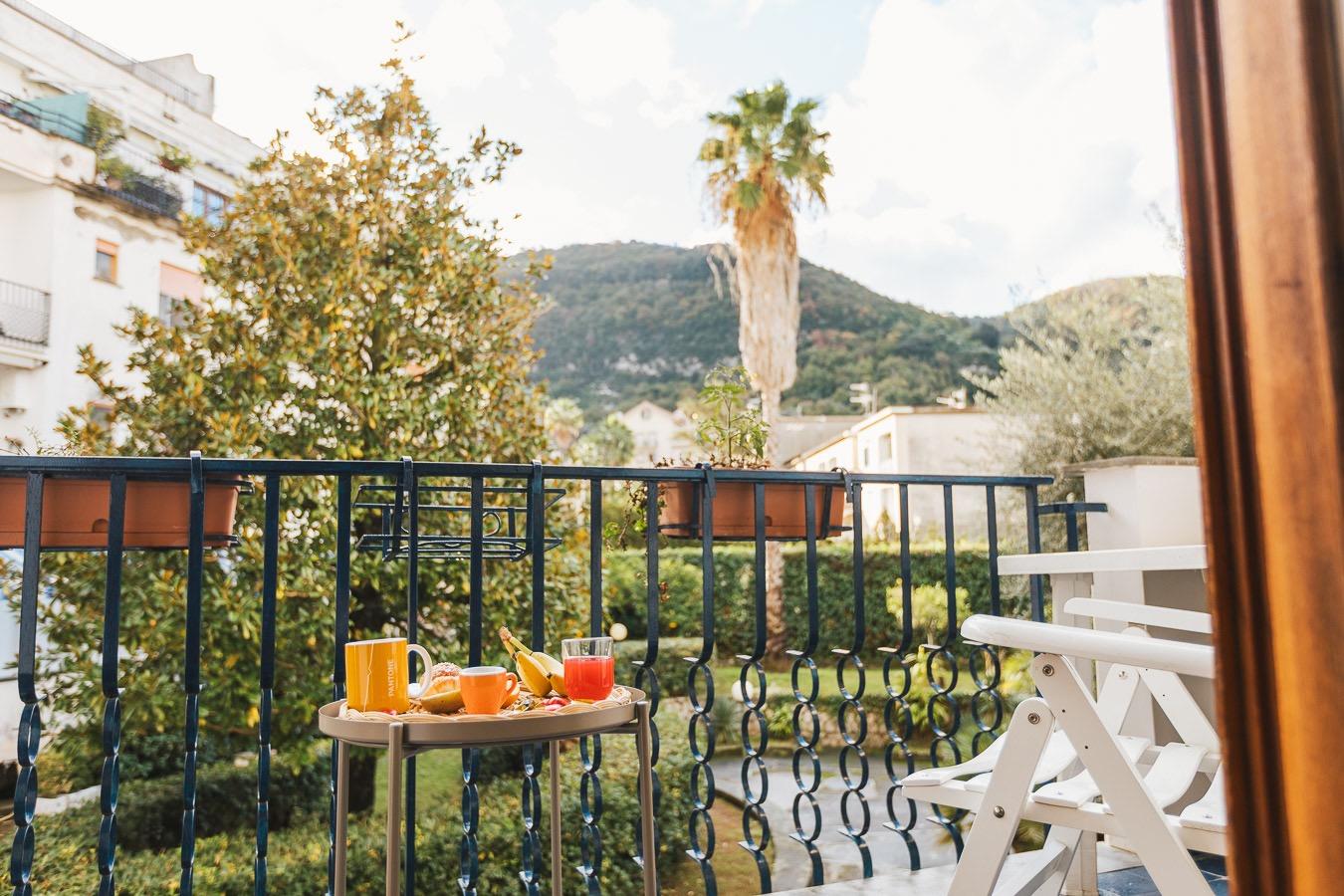 Balcone lato parco con vista giardino e montagna.
