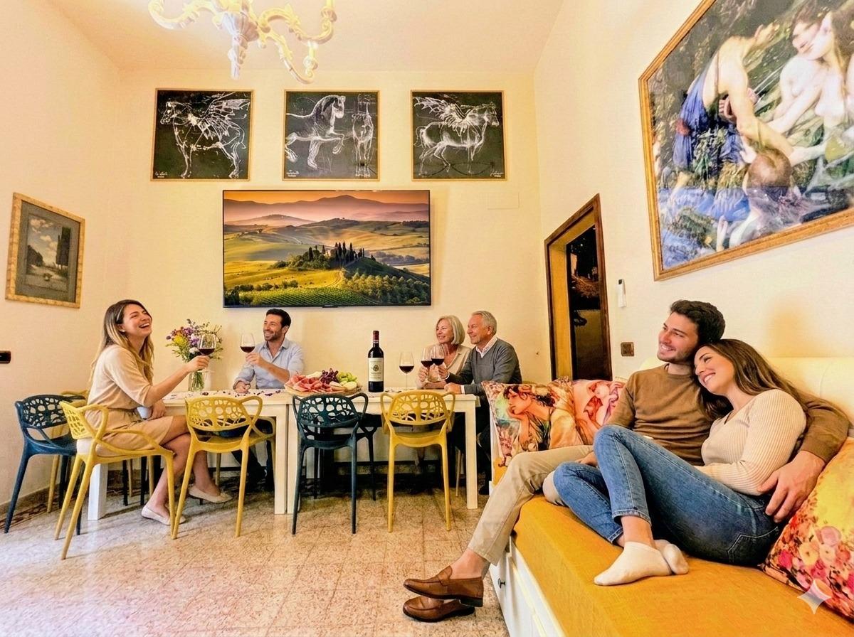 Sala con tv 85 pollici tavoli per 10 ospiti e 2 divani letto