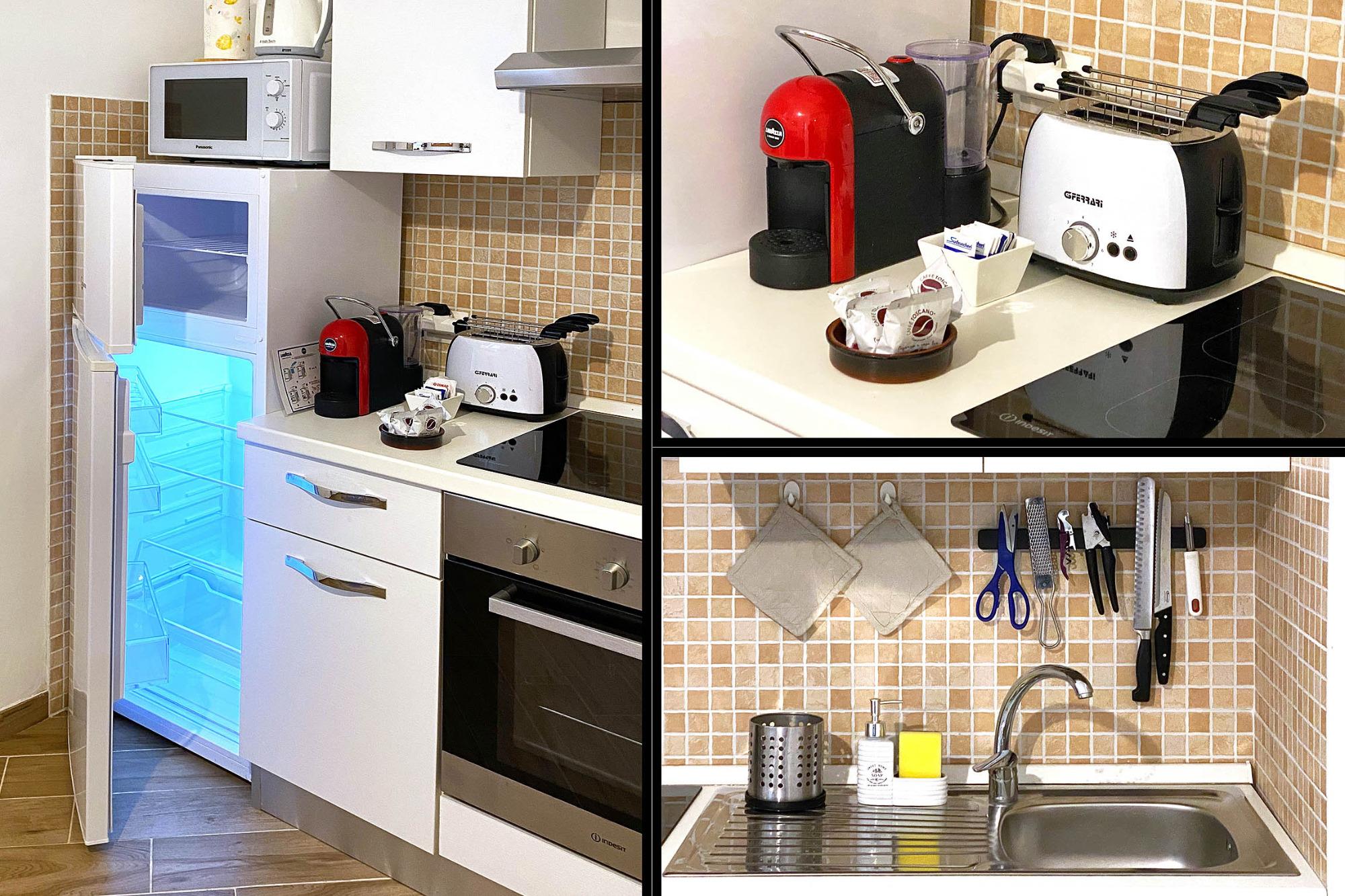 Cucina accessoriata, macchina caffé, bollitore, forno a microonde