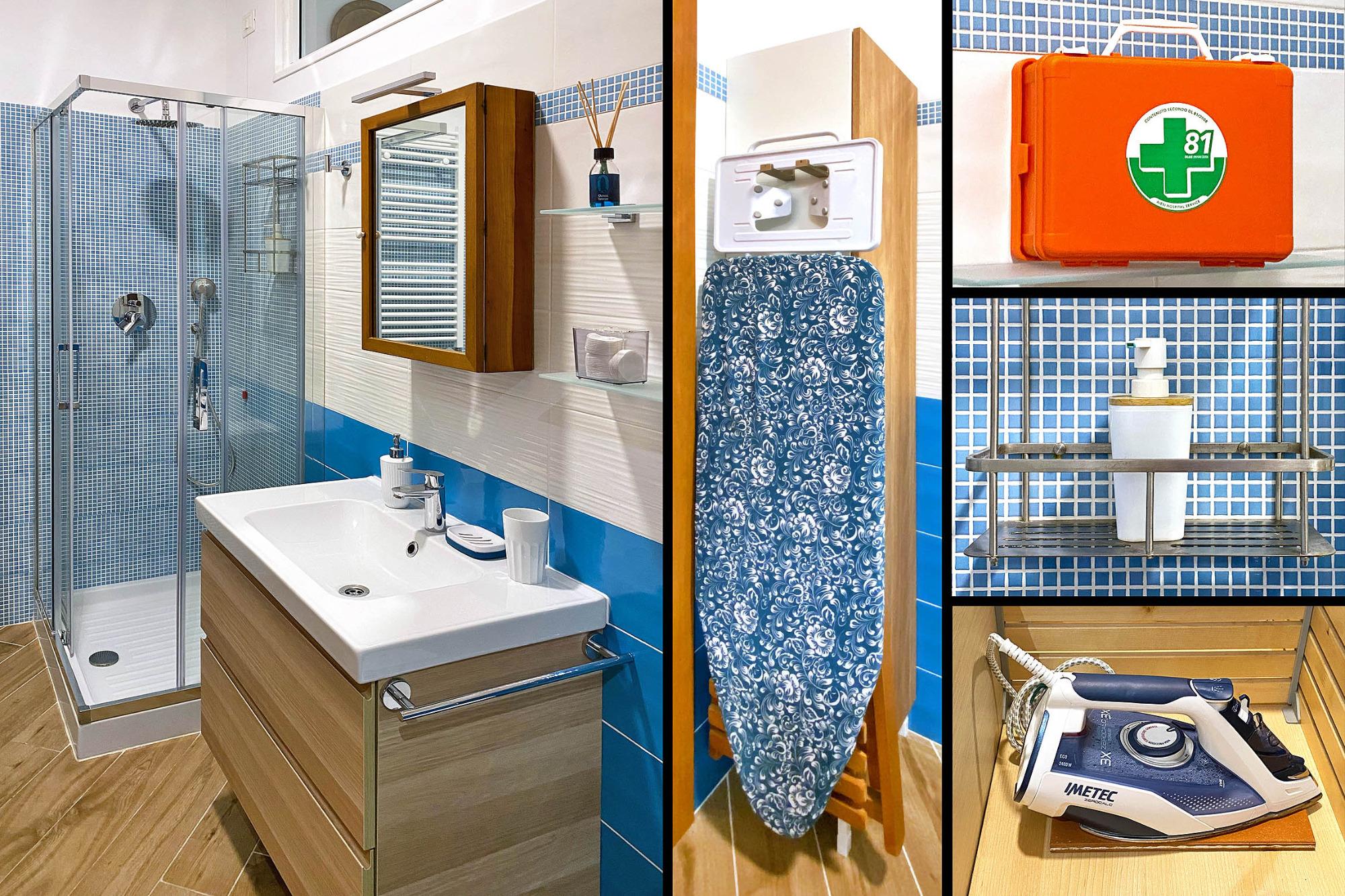 Asse e ferro da stiro, kit pronto soccorso, sapone e bagnoschiuma