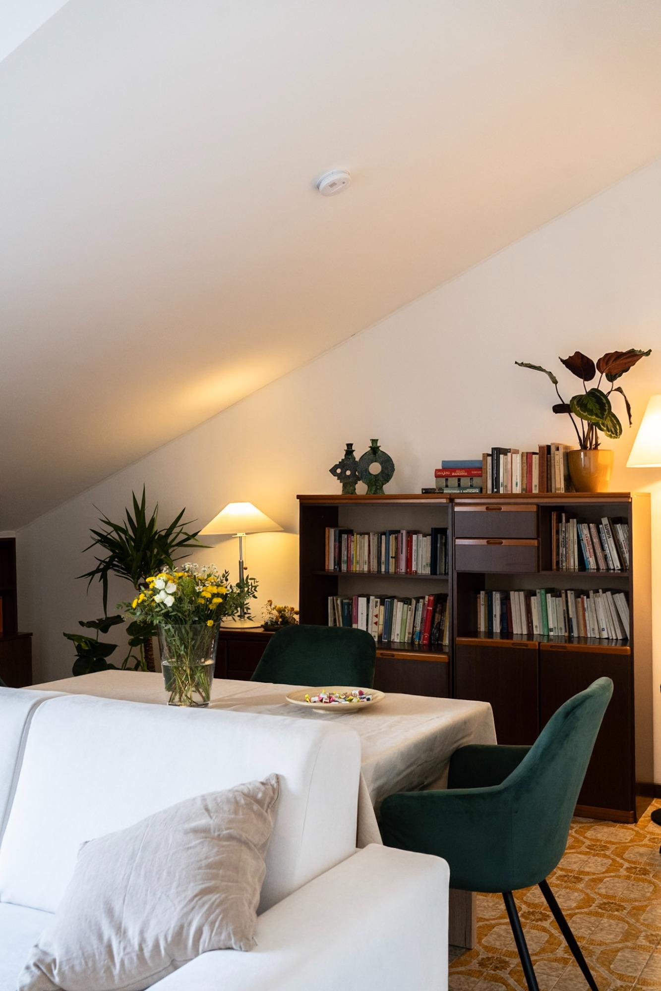 Ampio soggiorno, con piante, fiori libri, tavolo, poltrone, dicano letto