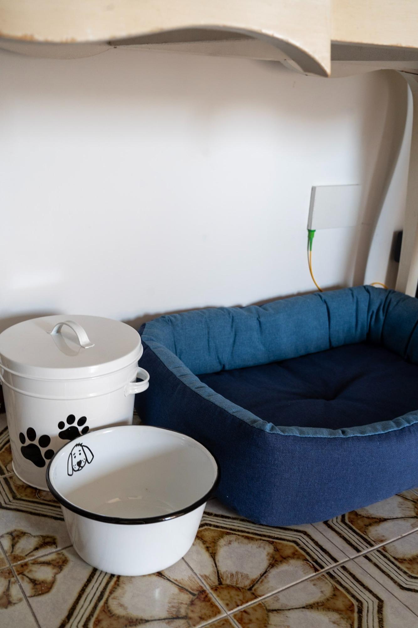 Cuccia per il cane e suppellettili.