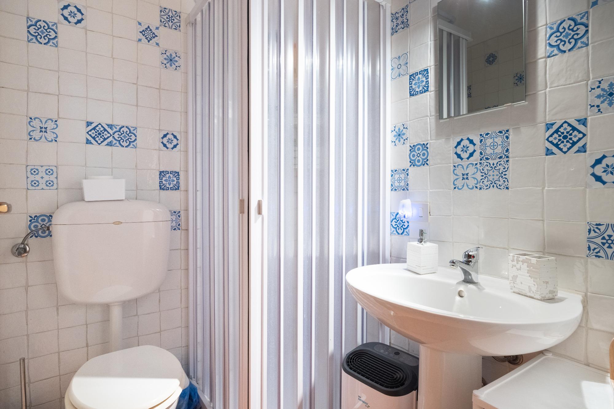 il bagno con doccia. Anche qui phon e prodotti per l'igiene.